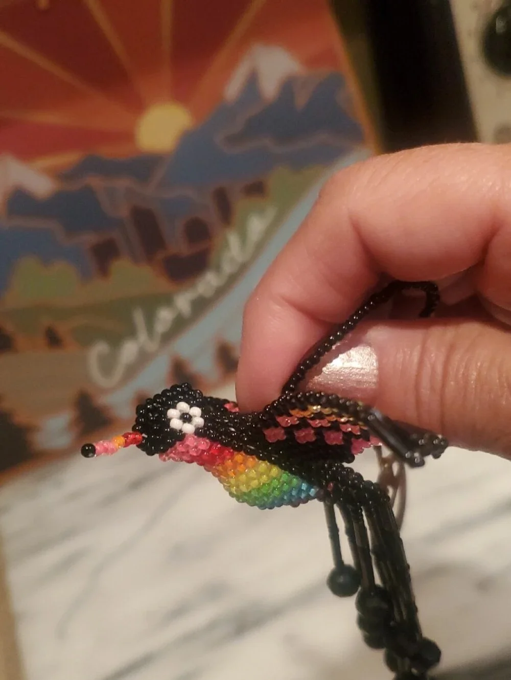 Handcrafted Rainbow Beaded Bird Keychain- Black Accents